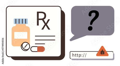 Prescription bottle, pills, question mark speech bubble, and malware alert emphasize health safety, online pharmacy risks, cybersecurity threats, and digital trust concerns. Ideal for healthcare