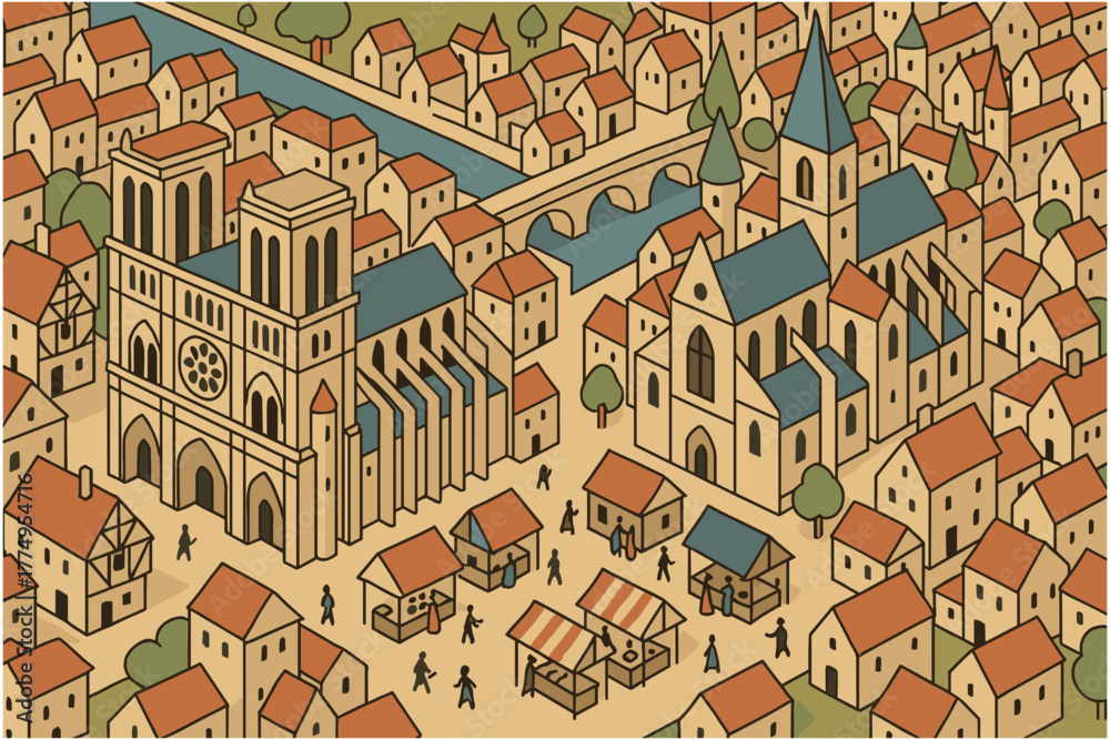 Obraz premium Medieval village scene with landmark buildings in isometric style