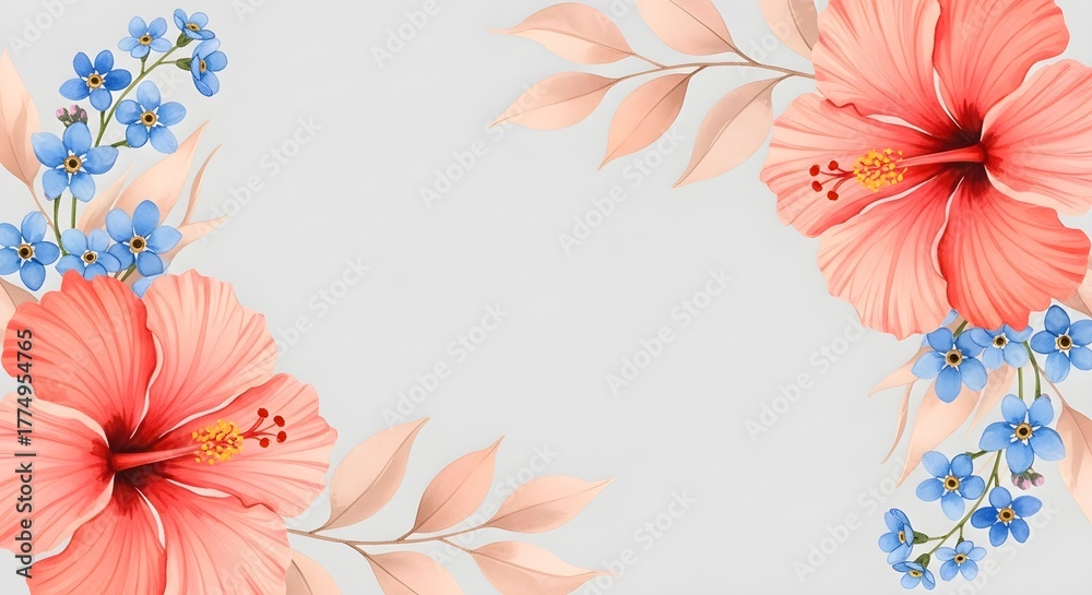 Obraz premium Hibiscus Flowers and Forget-Me-Nots Corner Floral Arrangement Graphic Design Element