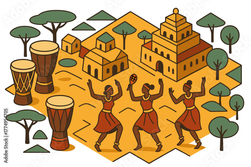 Traditional african dance and music scene with drums and cultural architecture