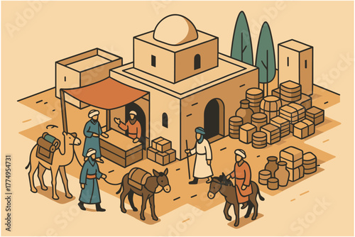 Ancient middle eastern market scene with traders and animals in isometric style