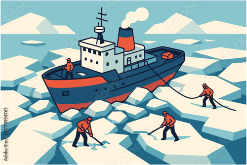 Icebreaker ship navigating through arctic ice with workers clearing path in retro style