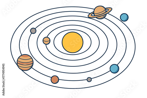 Solar system diagram with orbiting planets in flat graphic design