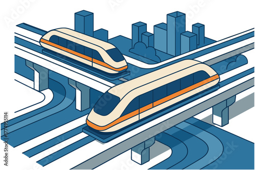 Modern urban isometric art of high-speed trains on elevated tracks in a cityscape