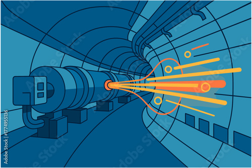 Linear accelerator with particle beam in tunnel, science and technology concept