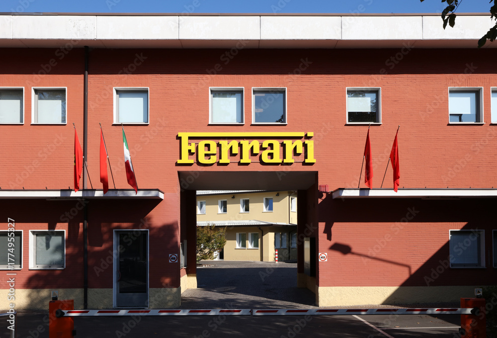 Obraz premium Maranello, Modena, Italy - Oct 17, 2025: The Ferrari headquarters in Maranello. Ferrari is a luxury sports car manufacturer and F1 racing company.