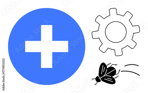 Blue medical cross signifies healthcare, gear suggests technology or mechanics, flying bug indicates debugging or problem-solving. Ideal for healthcare, tech, software troubleshooting, innovation