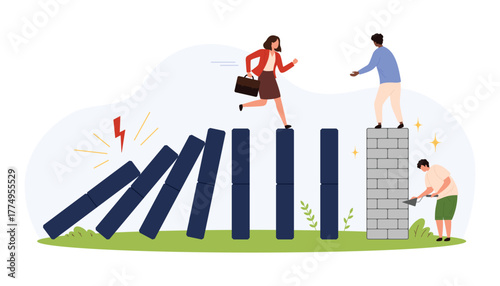 Business team overcoming domino effect risk, teamwork preventing crisis, building solutions, leadership, and support in challenging situations, flat style isolated vector illustration
