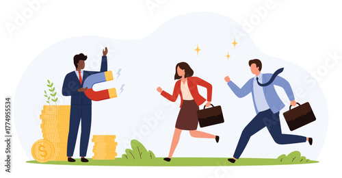 Businessman with magnet attracting professionals, symbolizing employee recruitment, talent acquisition, workplace benefits, career growth, and financial incentives isolated vector illustration