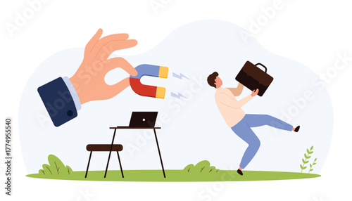 Businessman holding briefcase being pulled by giant magnet from desk symbolizing lack of choice, workplace pressure, recruitment, decision making, flat isolated vector illustration
