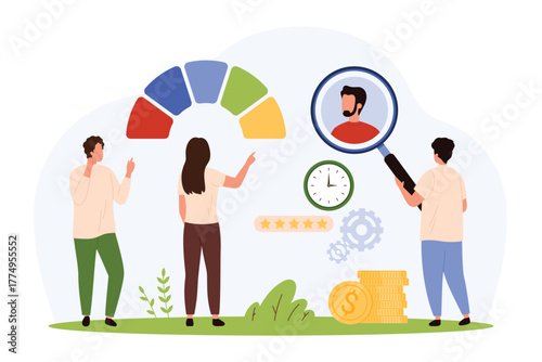 Business people analyzing employee performance with rating scale, magnifying glass, clock, gears, coins, and five-star review in flat style isolated vector illustration