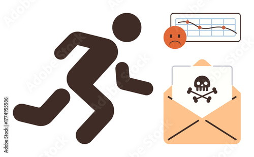 Person running away from malicious email with skull icon, sad face, and declining graph. Ideal for cyber security, data privacy, online threats, risks, negative trends, warnings simple flat metaphor