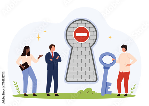 Team of business professionals encounter a blocked keyhole symbolizing barriers, problem solving, and access issues in corporate environment, flat isolated vector illustration