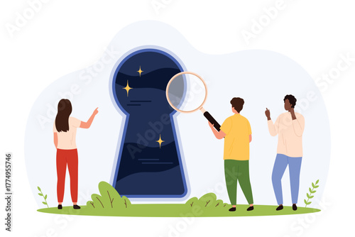 Three small characters investigate a giant keyhole with stars inside, symbolizing curiosity, opportunity, and new possibilities in a flat style isolated vector illustration