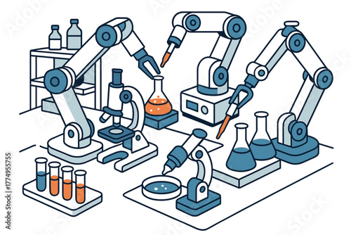 Wallpaper Mural Isometric laboratory automation with robotic arms and microscopes Torontodigital.ca