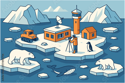 Arctic exploration scene with polar bears and icebergs in winter landscape