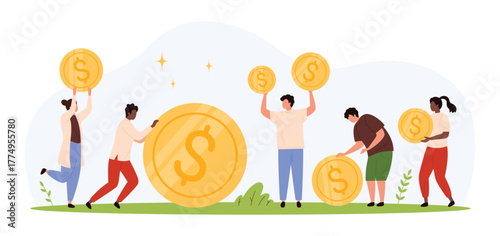 Group of diverse people holding and moving oversized gold coins, teamwork and financial growth concept, flat style, outdoor scene, economic cooperation isolated vector illustration