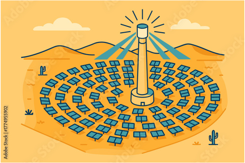 Solar power plant with central tower and mirror reflectors in desert landscape