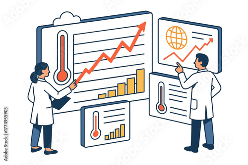 Business analysts discussing financial trends with charts and graphs in modern isometric style