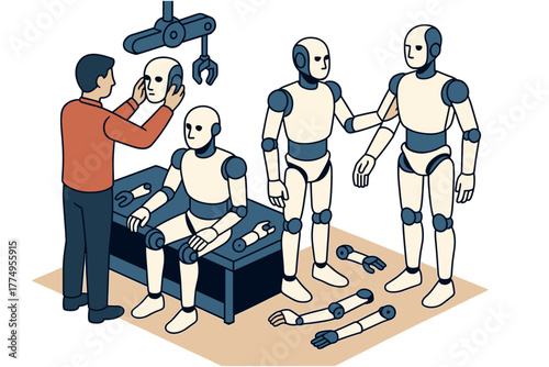 Building humanoid robots in workshop with engineer and robotic parts
