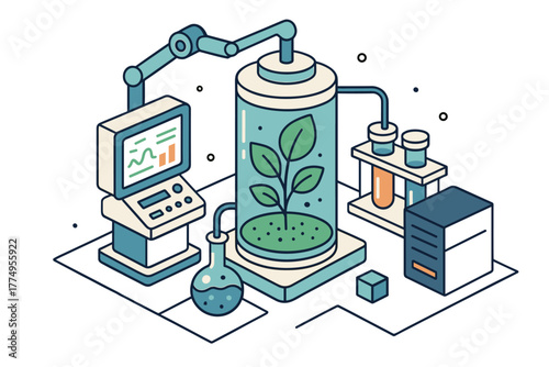 Isometric biotechnology lab with plant growth in eco-friendly experiment setup