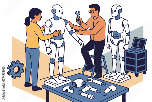 Team collaborating on humanoid robots development in modern workshop