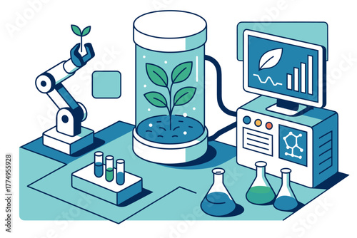 Innovative biotechnology lab with robotic arm and plant analysis