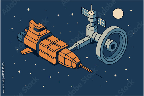 Isometric spacecraft and satellite in orbit with stars and moon in night sky