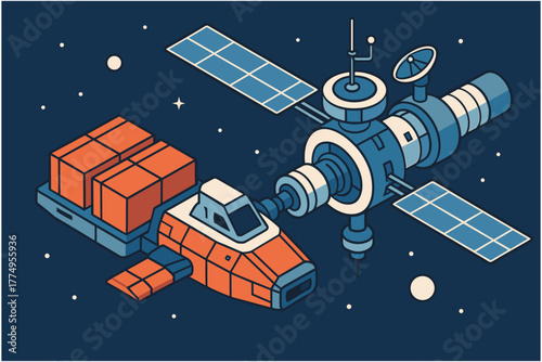 Isometric space station docking with cargo ship in orbit against starry night
