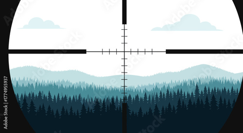 Sniper Scope View of Forest and Mountains