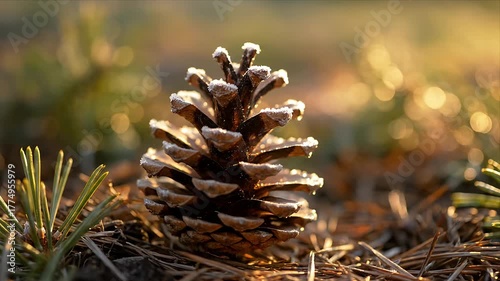 Frosted pine cone sparkling with morning dew on forest floor bathed in warm golden hour sunlight A close up of natures beauty in winter or autumn with soft bokeh