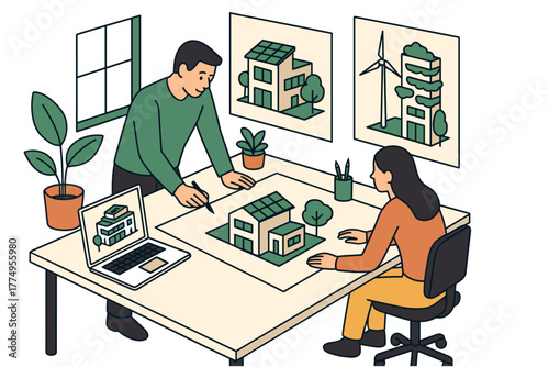 Architects discussing eco-friendly designs with isometric illustrations and green technology models