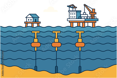 Offshore drilling platform with ocean sensors and waves illustrative scene