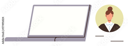 Open laptop with blank screen alongside a female avatar in business attire, showcasing user profile representation. Ideal for remote work, communication, online identity, technology, professionalism