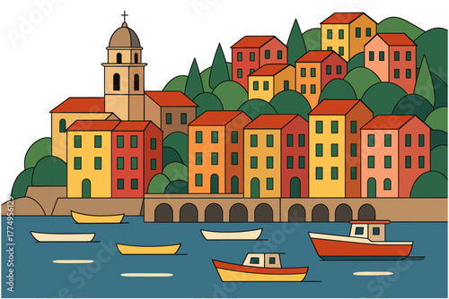 Colorful mediterranean town by the sea with boats and hillside architecture