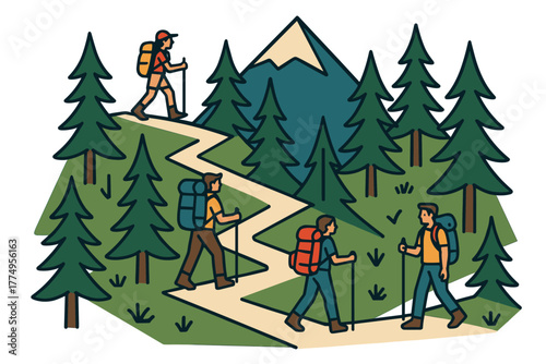 Outdoor adventure: hiking trail through pine forest with mountains