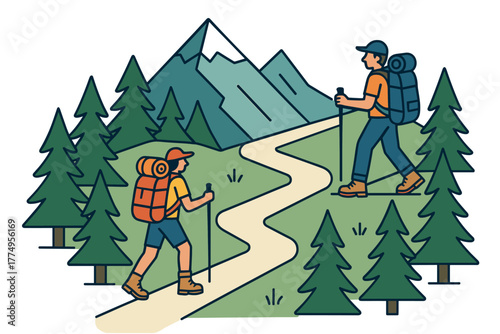 Mountain adventure with backpackers in nature trails surrounded by pine forest and scenic landscape