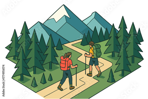 Hiking adventure: isometric illustration of hikers in mountainous forest