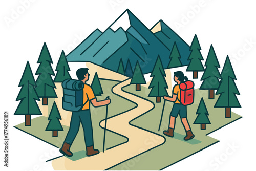 Adventurous hikers exploring scenic forest path in vibrant landscape