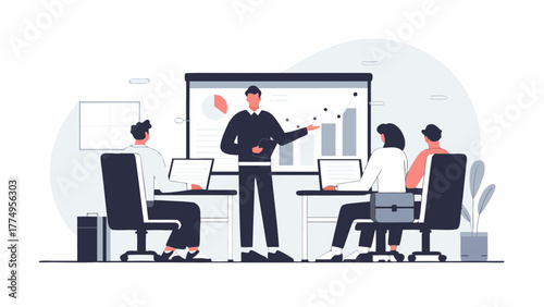 Businessman leading a corporate training session, presenting a strategic project plan with data charts to colleagues in an office