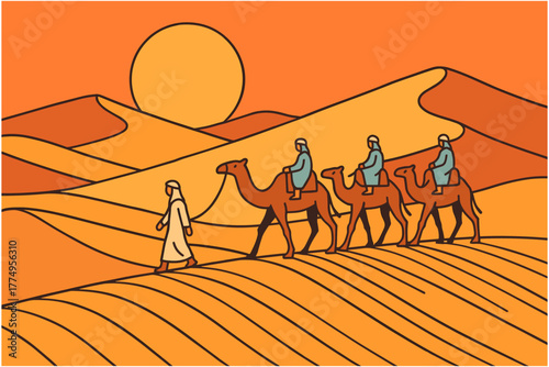 Desert caravan journey at sunset in minimalist line art style