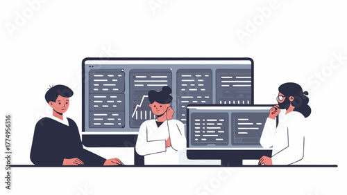 Illustration of a diverse business team intently analyzing complex data sets and financial charts on multiple computer screens in a modern office