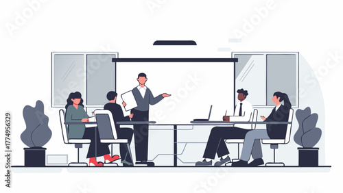 Professional manager leading a business presentation on a projector screen for a diverse team in a modern office meeting room