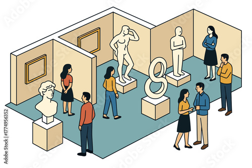 Isometric art gallery with visitors and sculptures in a modern exhibition room