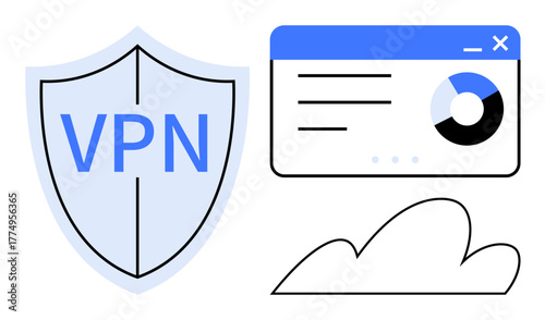 Shield labeled VPN, analytics dashboard with chart, and cloud icon symbolize data protection, privacy, remote work, cybersecurity, safe browsing, network security, simple flat metaphor