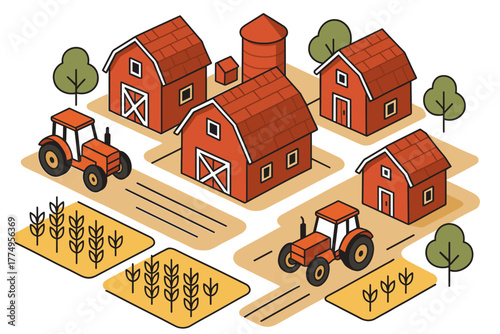 Isometric farm scene with red barns, silos, tractors, and crops