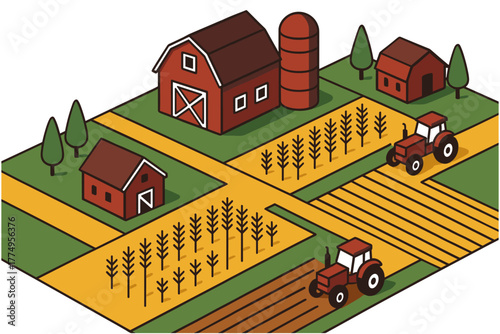 Isometric farm landscape with red barns and tractors in agricultural fields