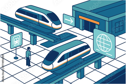 Modern urban transportation with isometric train platform and high-speed trains