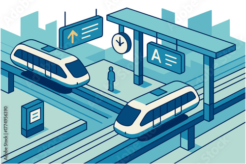 Modern isometric train station scene with commuter and signage