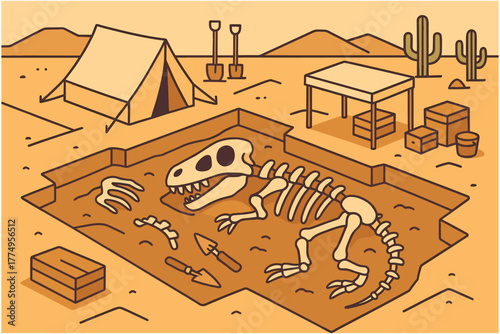 Dinosaur fossil excavation site in desert landscape with bones and archaeological tools